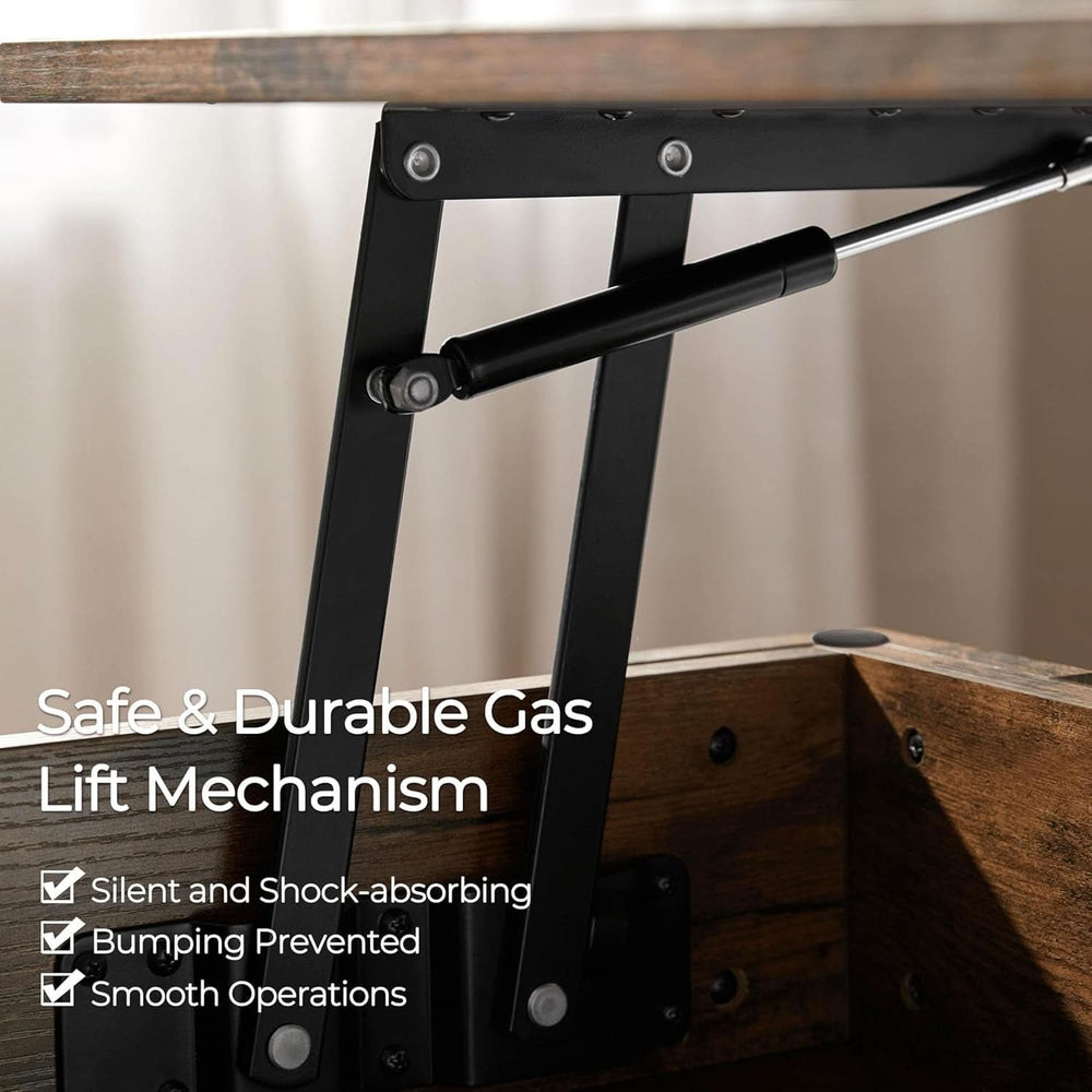 Gas lift mechanism detail on the lift top coffee table