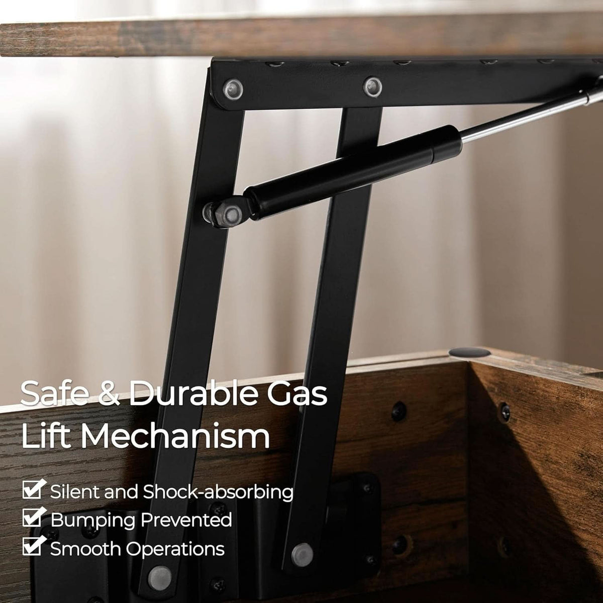 Gas lift mechanism detail on the lift top coffee table