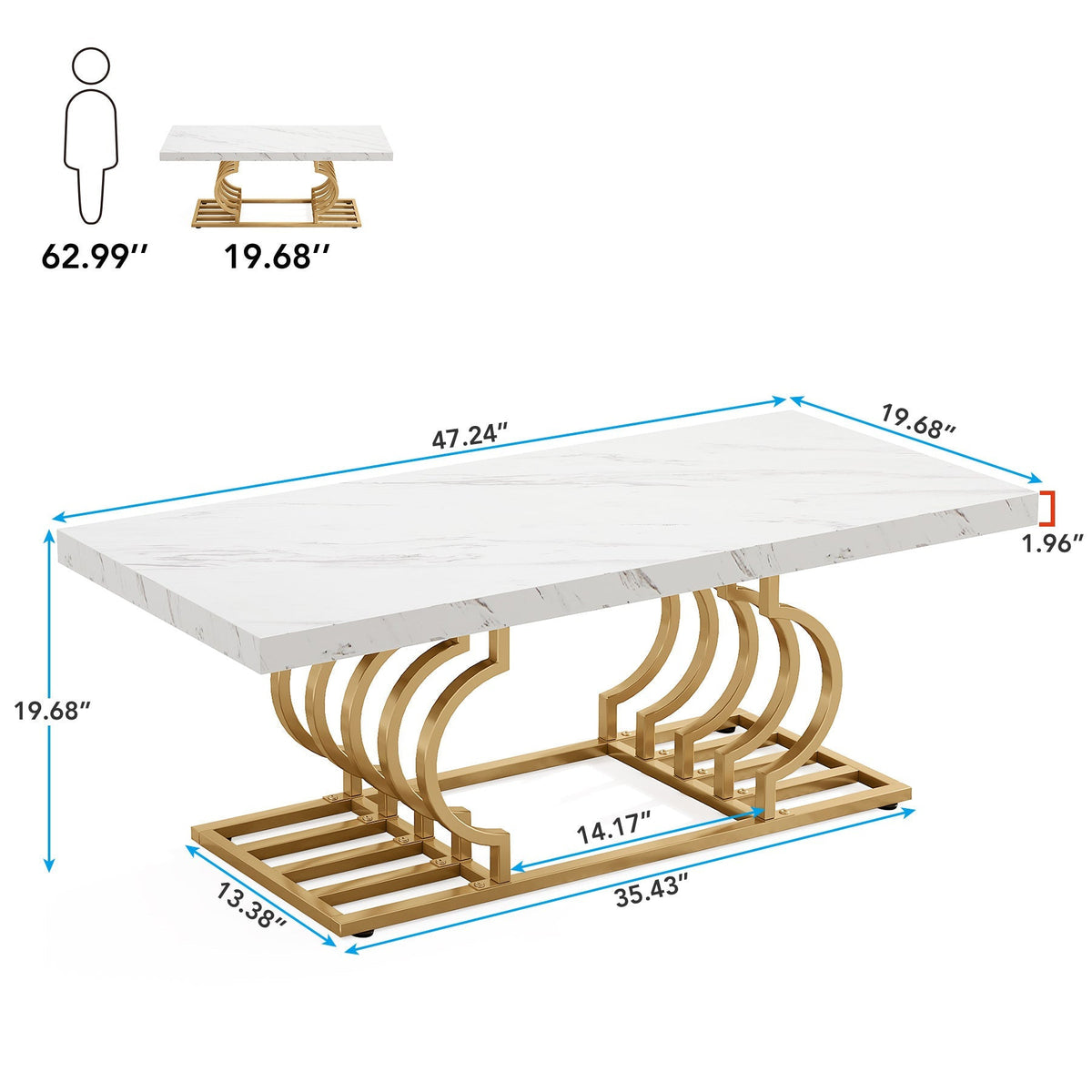 Dimension diagram: 47.24 in long, 19.68 in deep, 19.68 in tall with 35.43 x 13.38 in base