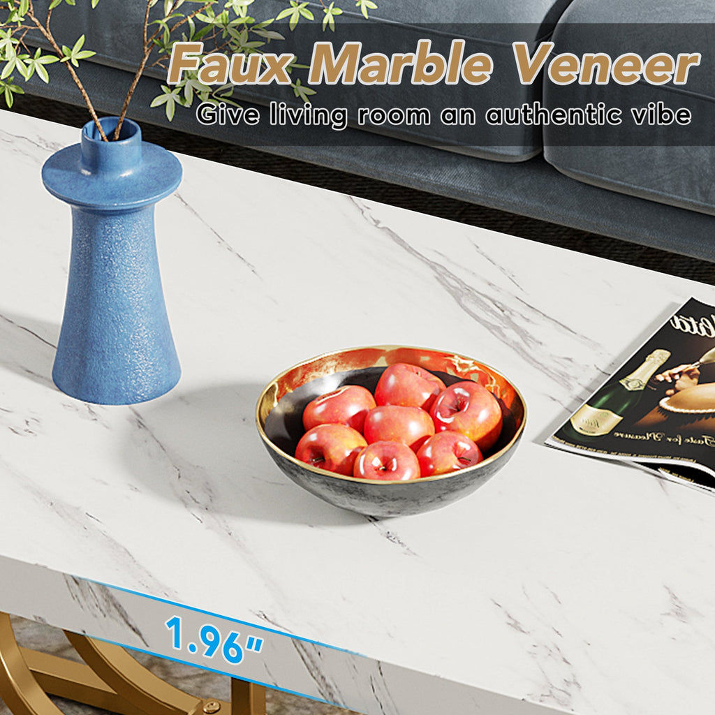 Close-up of the faux marble veneer top, 1.96 inch thick edge
