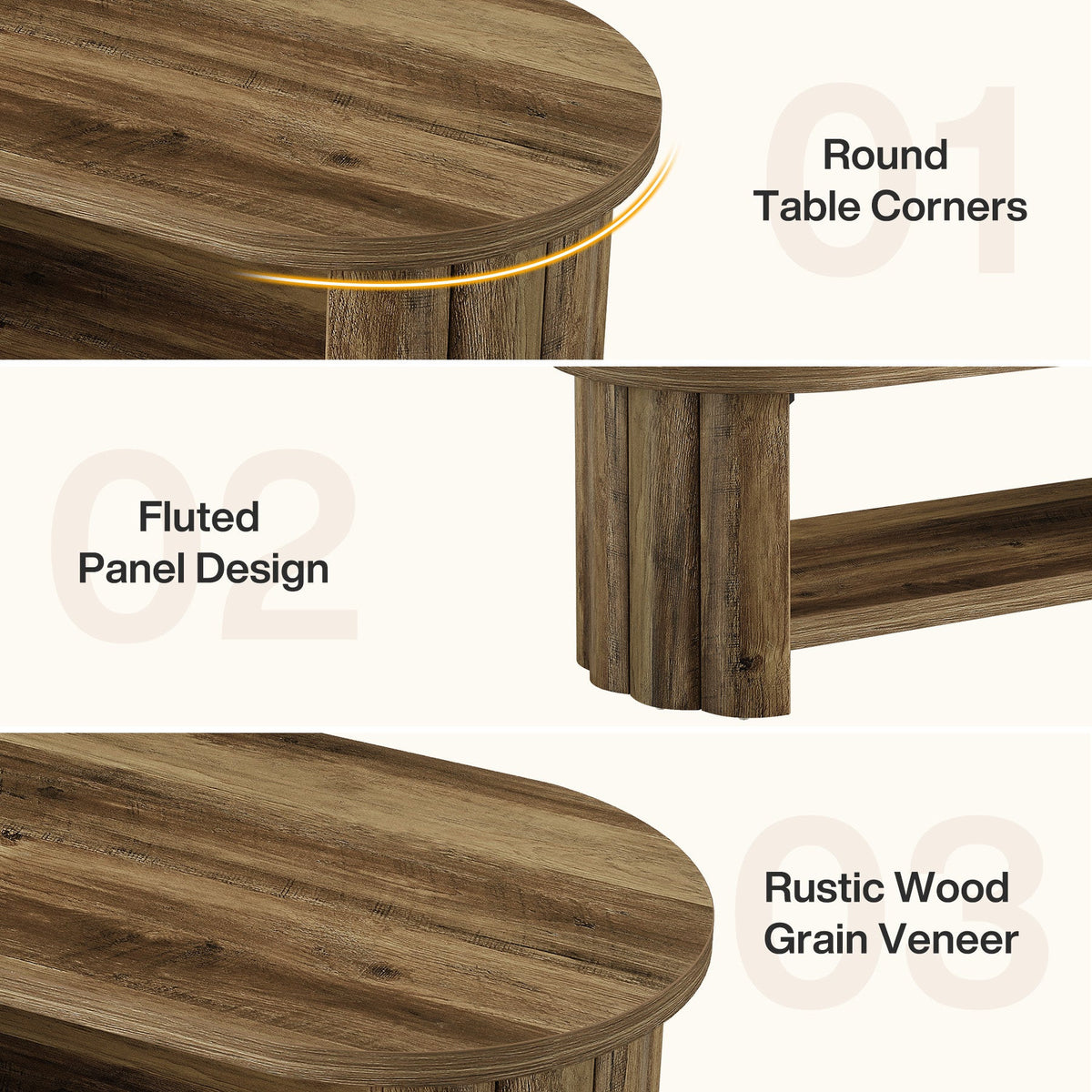 Feature composite: round table corners, fluted panel design, rustic wood grain veneer