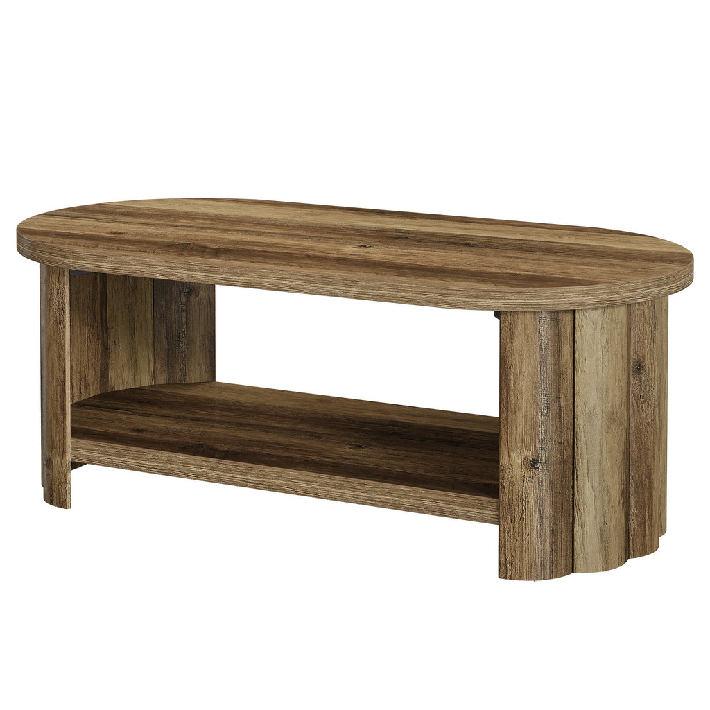 Two tier oval coffee table with fluted bases on a white background