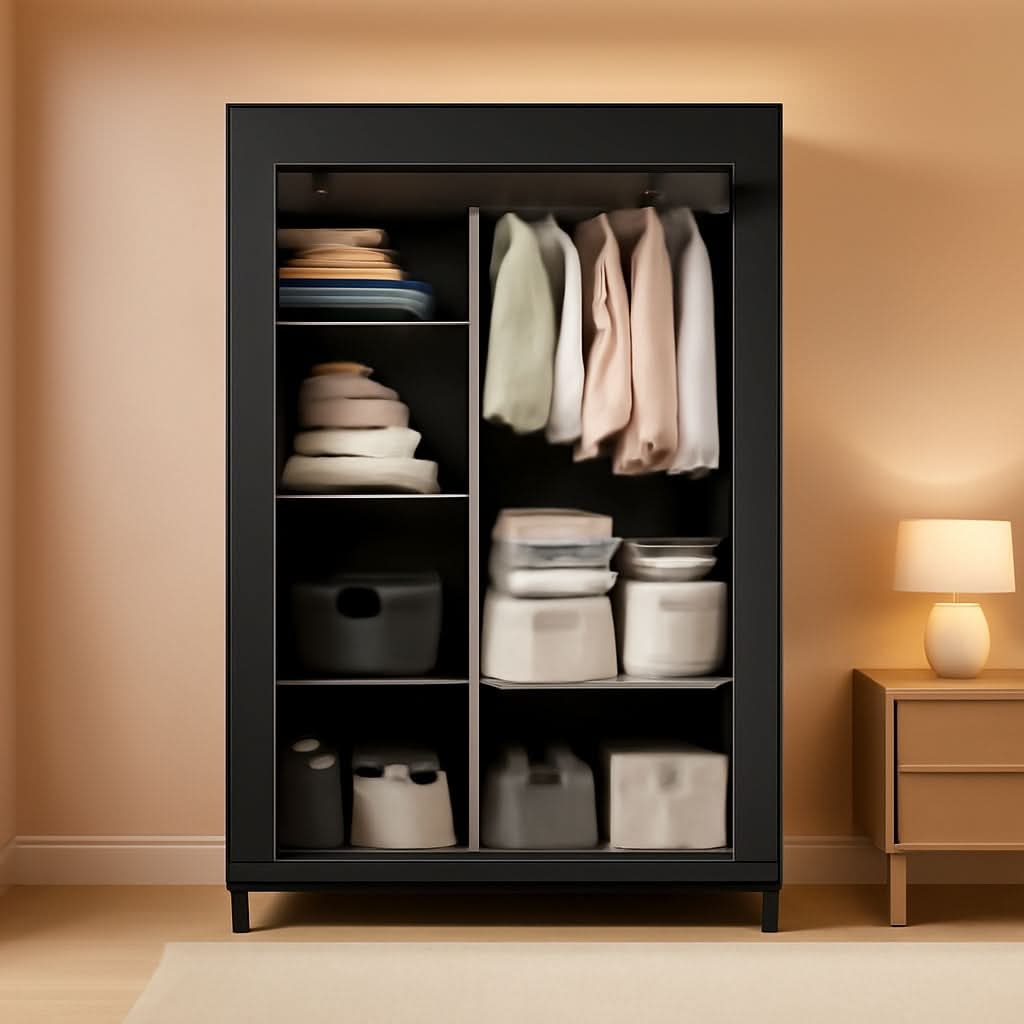Black portable closet organizer 40.2 x 16.7 x 65.4 in in a bedroom, cover open showing hanging clothes on the left and six shelves of folded items on the right