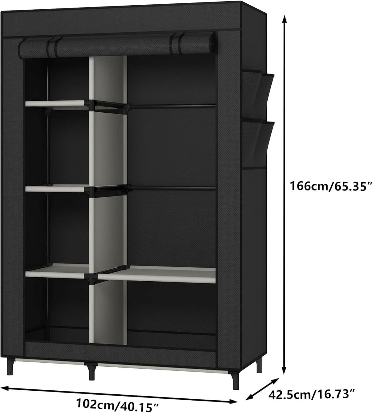 Dimension diagram: portable closet 102 cm or 40.15 in wide, 42.5 cm or 16.73 in deep and 166 cm or 65.35 in high