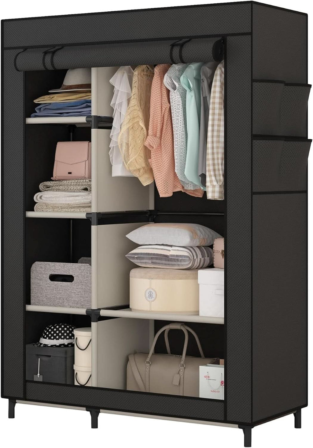 Black portable closet with the cover open, hanging shirts on the rod and folded clothes, boxes and a handbag across the six shelves