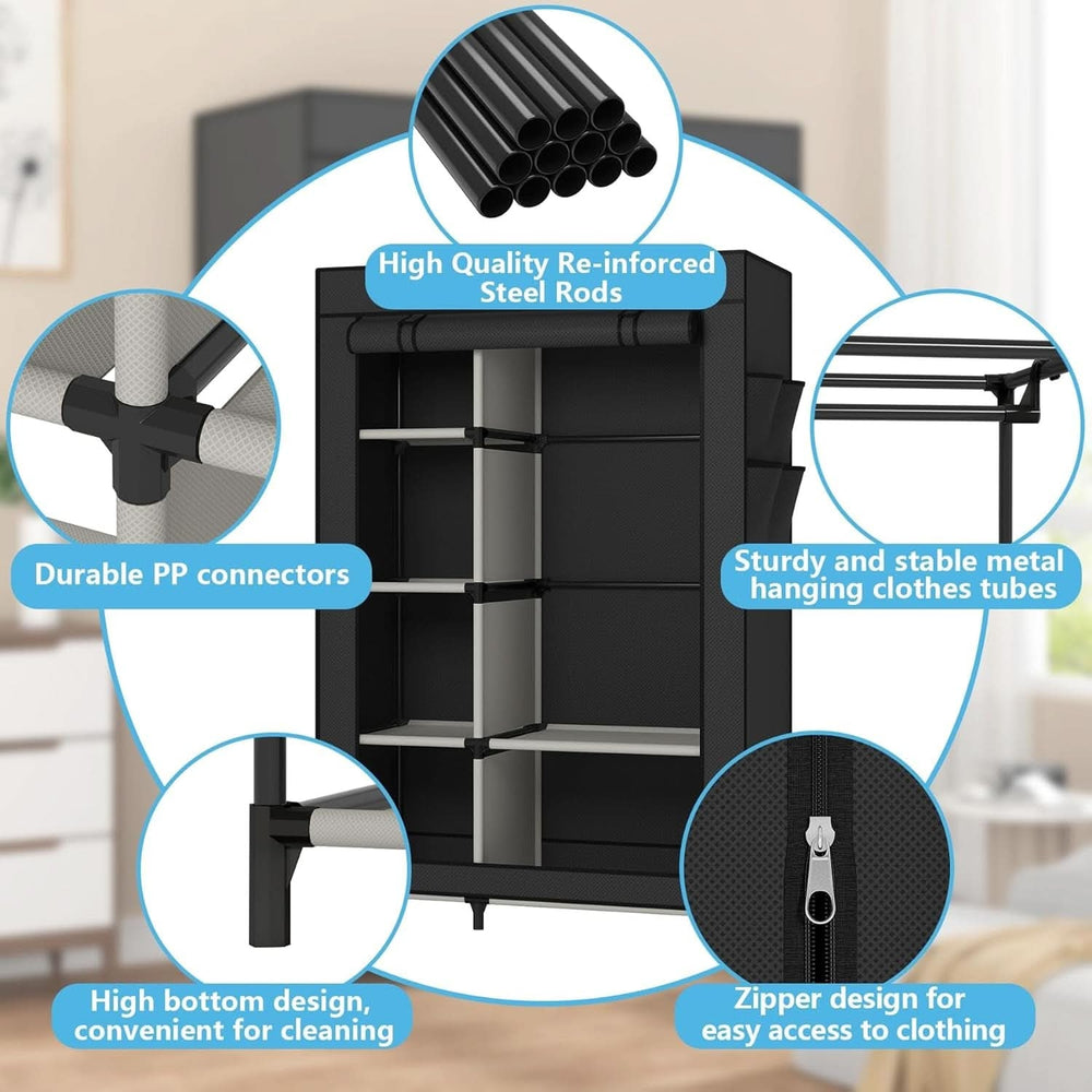 Detail graphic: reinforced steel rods, durable PP connectors, metal hanging clothes tubes, raised bottom and a zip door on the cover