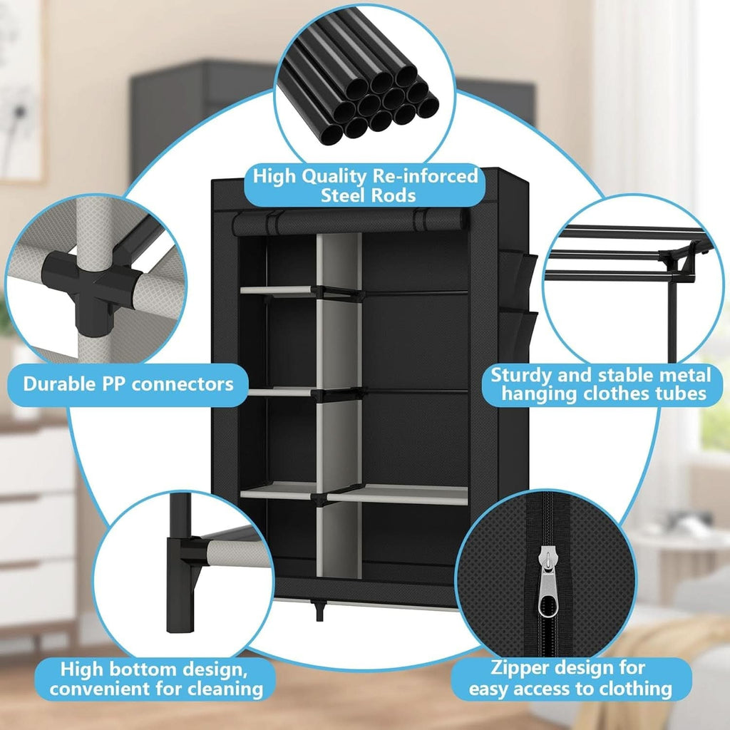 Detail graphic: reinforced steel rods, durable PP connectors, metal hanging clothes tubes, raised bottom and a zip door on the cover