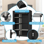 Detail graphic: reinforced steel rods, durable PP connectors, metal hanging clothes tubes, raised bottom and a zip door on the cover