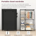 Graphic showing the same portable closet with the cloth cover on as a closed wardrobe and with it off as open shelving, listing 4 side pockets, 6 storage shelves and 1 hanging section