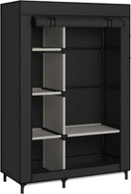 Black portable closet shown empty with the cover open, six shelves on one side and an open hanging section on the other