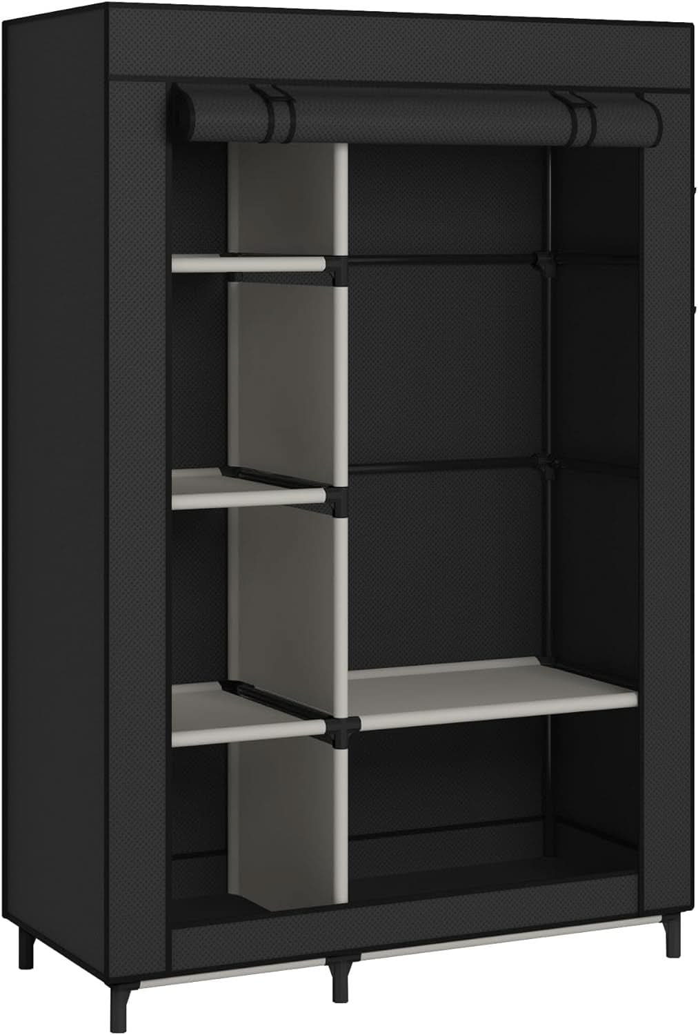 Black portable closet shown empty with the cover open, six shelves on one side and an open hanging section on the other