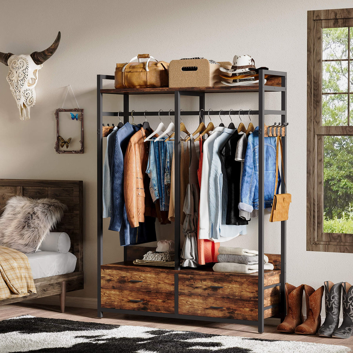 Rustic brown and black freestanding closet organizer 47.2 x 15.7 x 70.9 in against a bedroom wall, hanging shirts on the rod, boxes on the top shelf and four drawers below