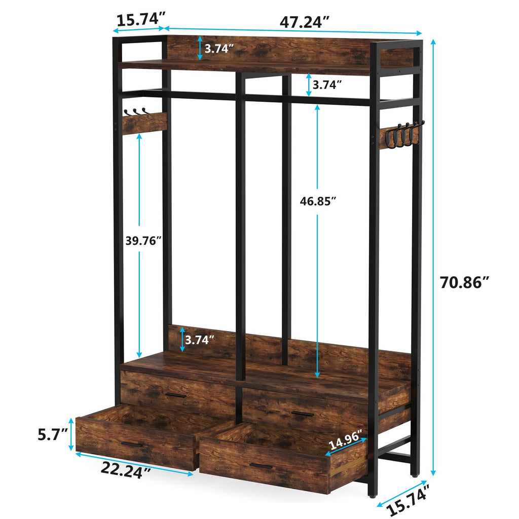 Dimension diagram: closet organizer 47.24 in wide, 15.74 in deep and 70.86 in high, hanging rod at 46.85 in, drawers 22.24 by 14.96 by 5.7 in