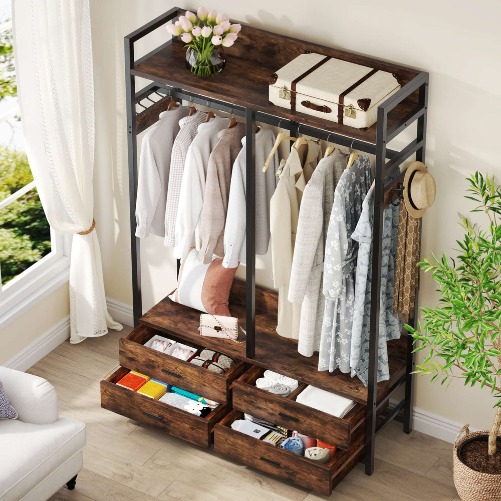 Closet organizer with two fabric drawers pulled open showing folded clothes and small items, hanging shirts above