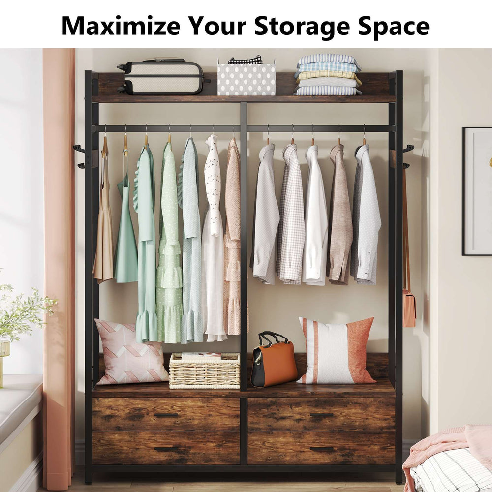 Closet organizer holding hanging shirts, folded stacks, a handbag and cushions across its shelves and drawers