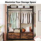 Closet organizer holding hanging shirts, folded stacks, a handbag and cushions across its shelves and drawers