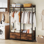 Closet organizer in a laundry room beside a washing machine, holding hanging shirts, towels and baskets