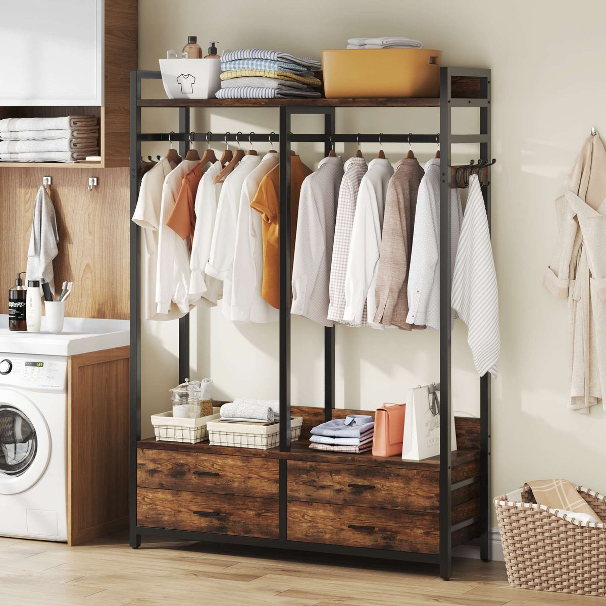 Closet organizer in a laundry room beside a washing machine, holding hanging shirts, towels and baskets