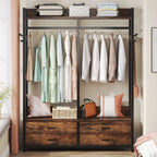 Closet organizer in a bedroom holding hanging shirts and dresses with pillows and a handbag on the lower shelf