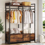 Closet organizer with bags and clothes hung from the side hooks, boxes stored on the top shelf