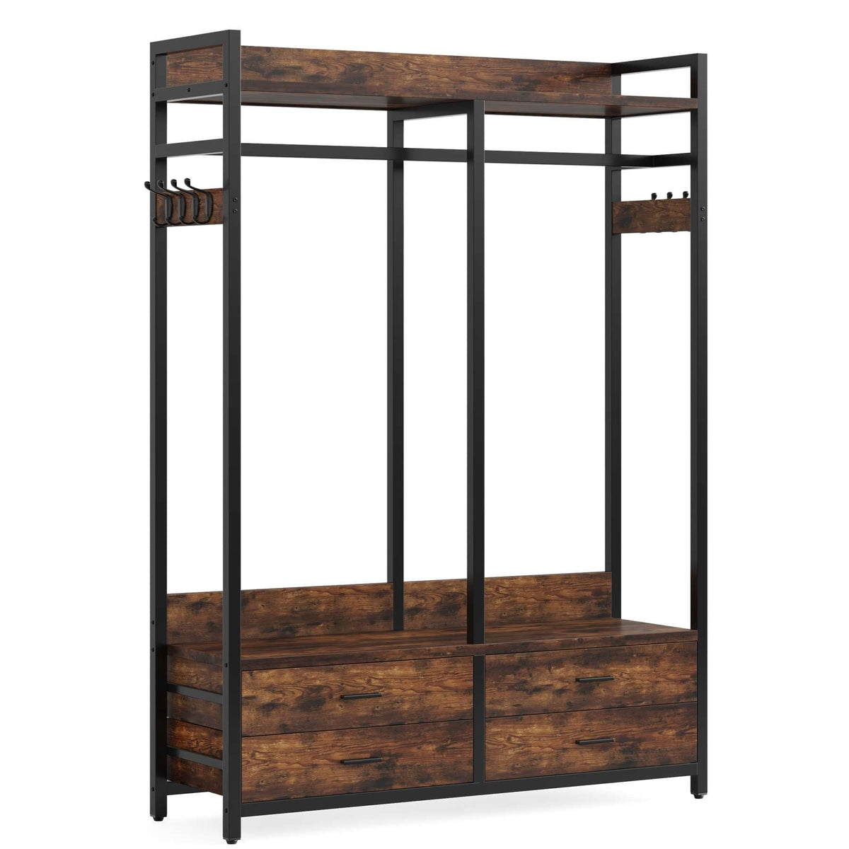Rustic brown and black closet organizer shown empty on a white background from an angle, showing the metal pipe frame and drawer fronts