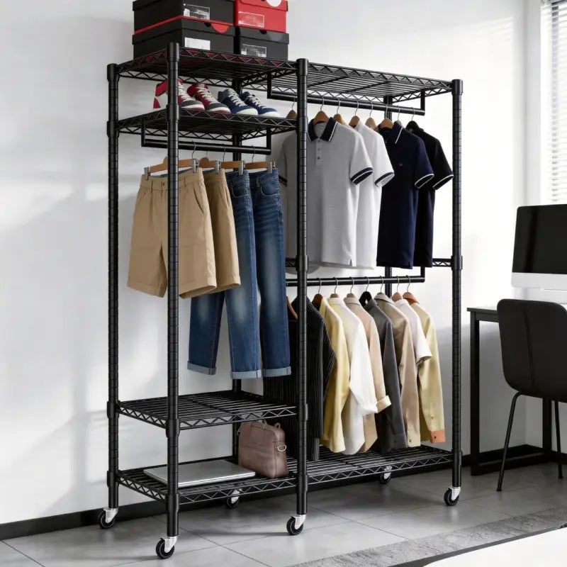Black rolling clothes rack 45.5 x 16.6 x 79 in in a bedroom, hanging shirts and jeans on three rods with boxes and folded items on the wire shelves