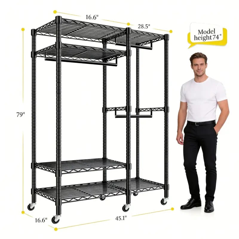 Dimension diagram: rolling clothes rack listed at 45.1 in wide, 16.6 in deep and 79 in high on its wheels, shown beside a 74 in figure