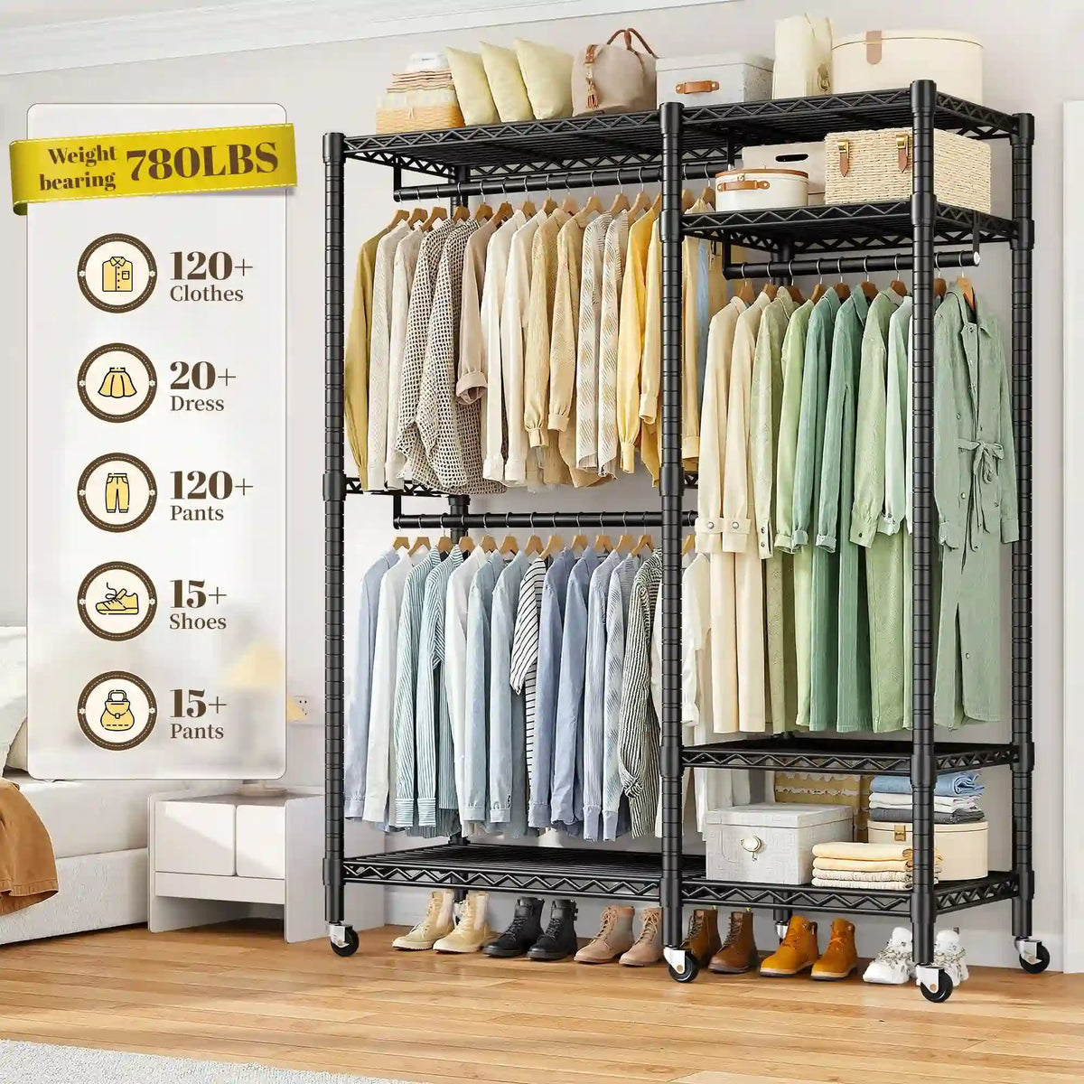 Detail graphic: black rolling clothes rack listed at 780 lb weight bearing, holding over 120 shirts, 20 dresses, 120 pants, 15 pairs of shoes and 15 bags