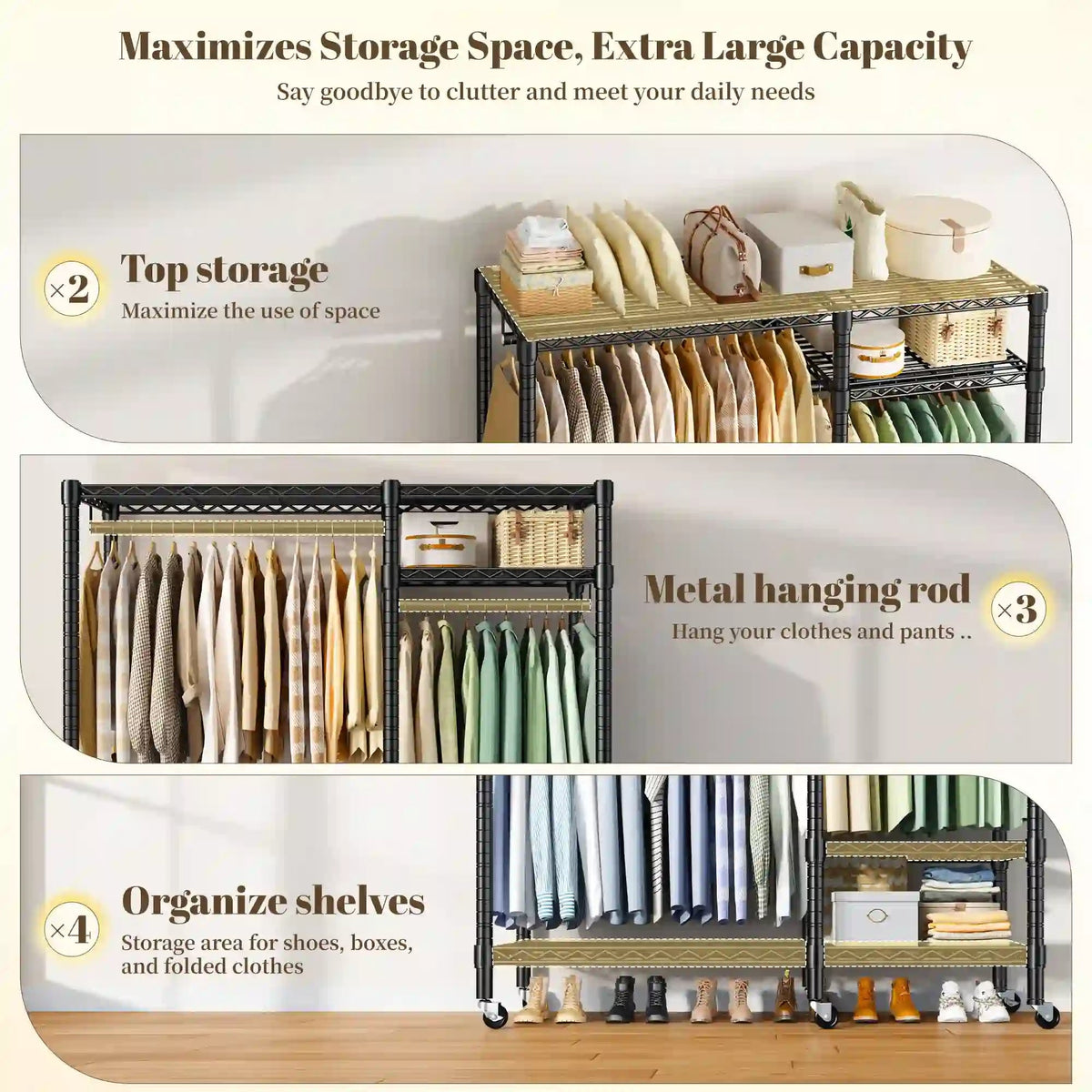 Detail graphic: top storage shelf, three metal hanging rods and four organiser shelves shown on the black rolling clothes rack
