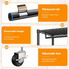 Detail graphic: thickened steel rod, three detachable heavy duty hangers and adjustable feet shown on the black clothes rack