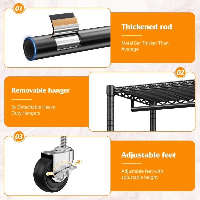 Detail graphic: thickened steel rod, three detachable heavy duty hangers and adjustable feet shown on the black clothes rack