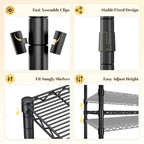 Detail graphic: fast assemble clips, stable fixed design, snug fitting shelves and easy height adjustment on the wire clothes rack