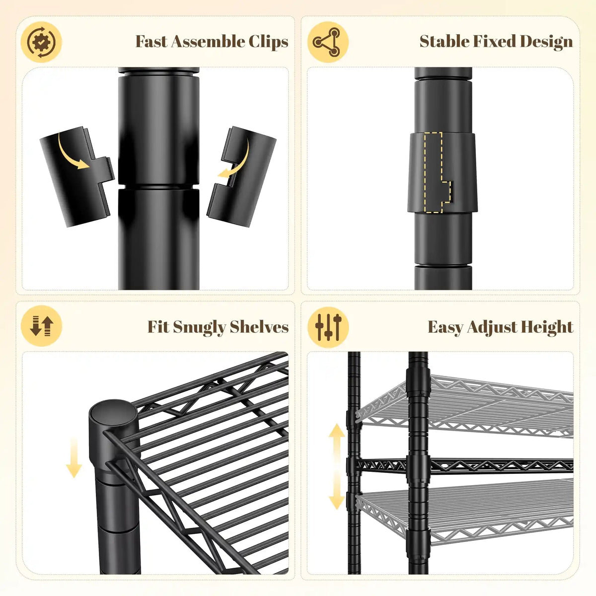 Detail graphic: fast assemble clips, stable fixed design, snug fitting shelves and easy height adjustment on the wire clothes rack