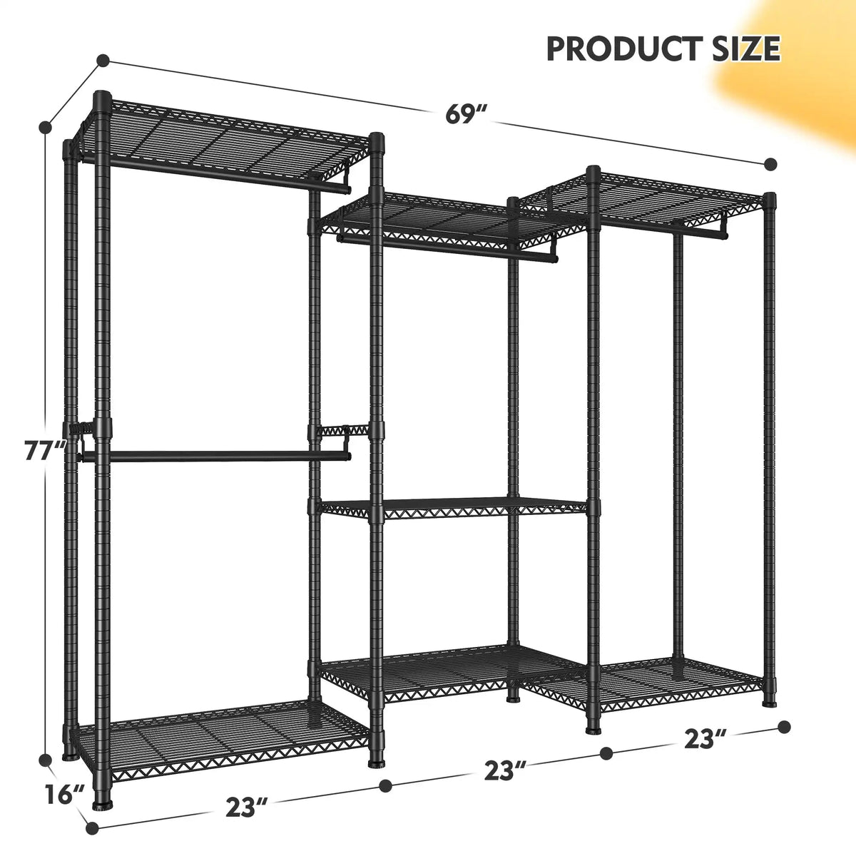 Dimension diagram: black closet rack 69 in wide, 16 in deep and 77 in high, made up of three 23 in bays
