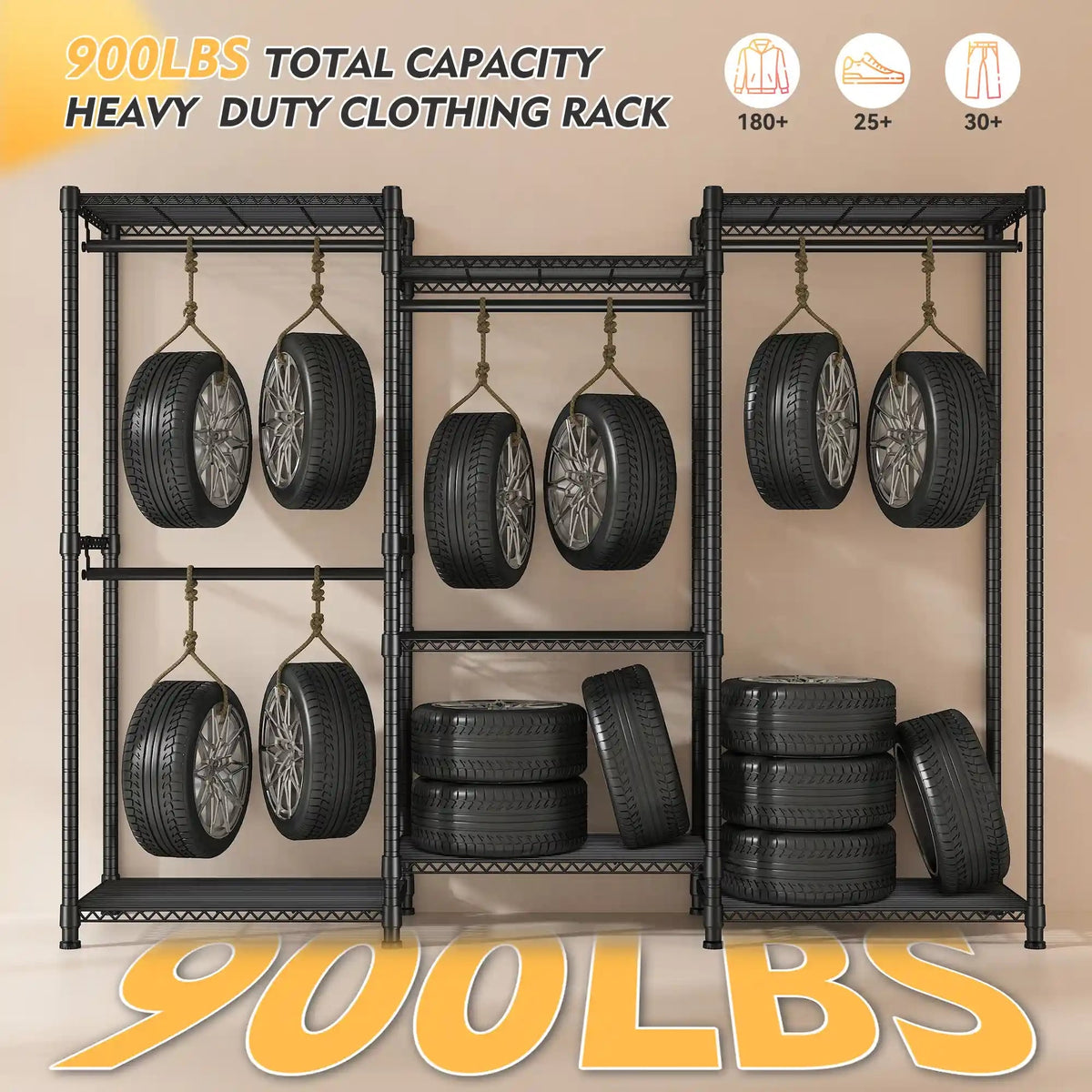 Detail graphic: black closet rack listed at 900 lb total capacity, shown hung with car tyres, alongside icons for 180 plus garments, 25 plus and 30 plus items