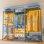 Detail graphic: the same closet rack mapped into a top storage space, short clothing area, central hanging section, long clothing area, pants hanging area, middle storage and bottom shoe and storage spaces