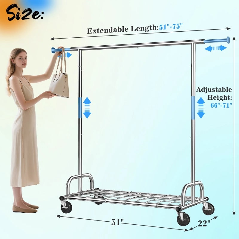 Size diagram: clothes rack extendable in length from 51 to 75 in, adjustable in height from 66 to 71 in, base 51 in long and 22 in deep