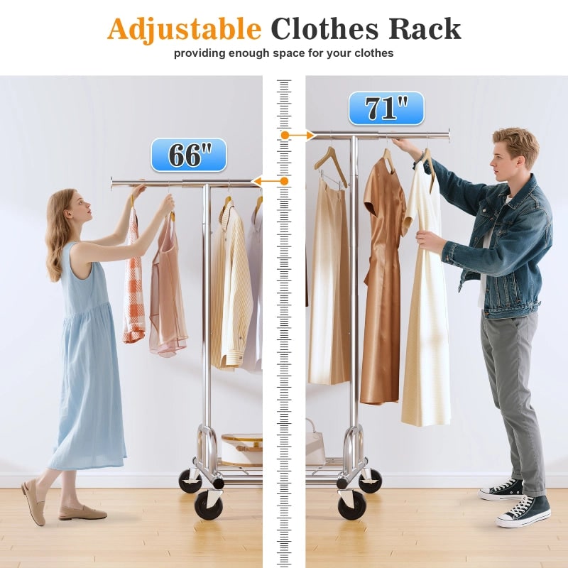Height comparison graphic: the hanging rod set at 66 in and at 71 in, with clothes hanging clear of the floor at both settings