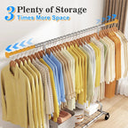 The rack extended to its full 75 in width with the rod filled end to end with shirts, jackets and coats on hangers