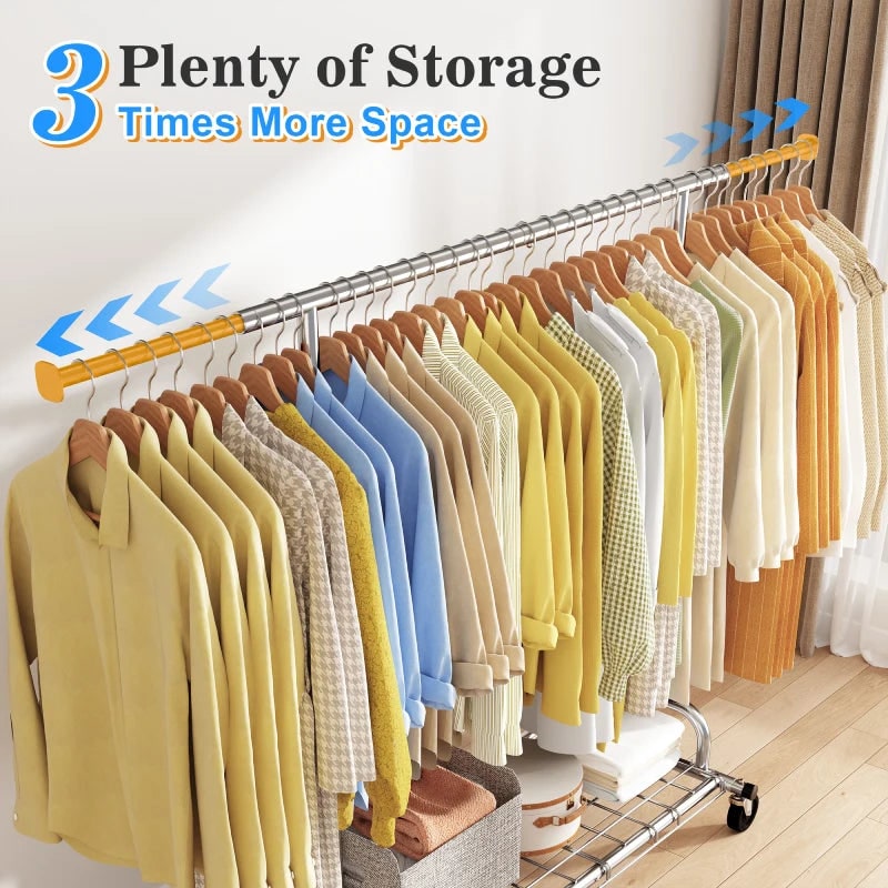 The rack extended to its full 75 in width with the rod filled end to end with shirts, jackets and coats on hangers