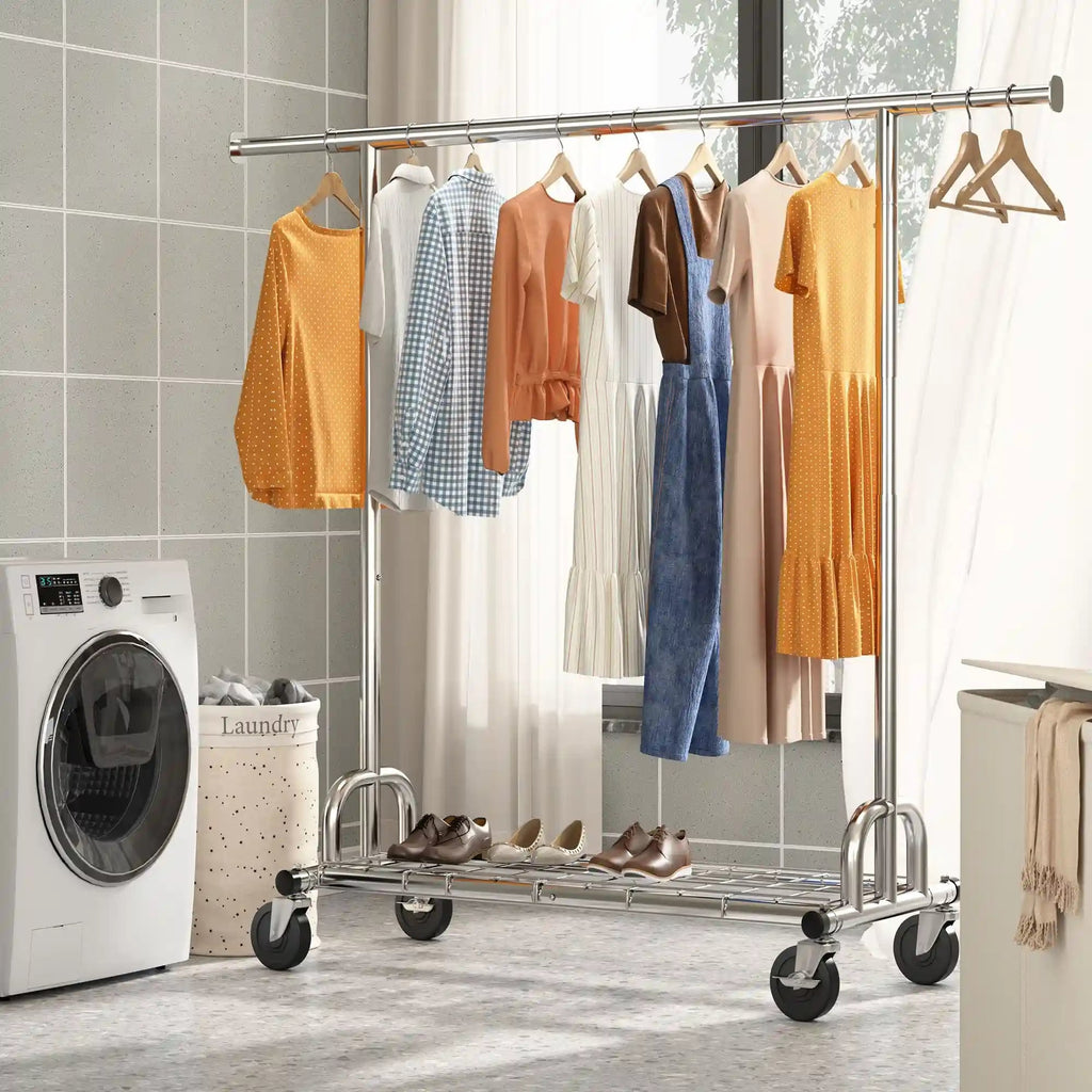 The clothes rack in a laundry room beside a washing machine, holding shirts and dresses with shoes lined up on the shelf below