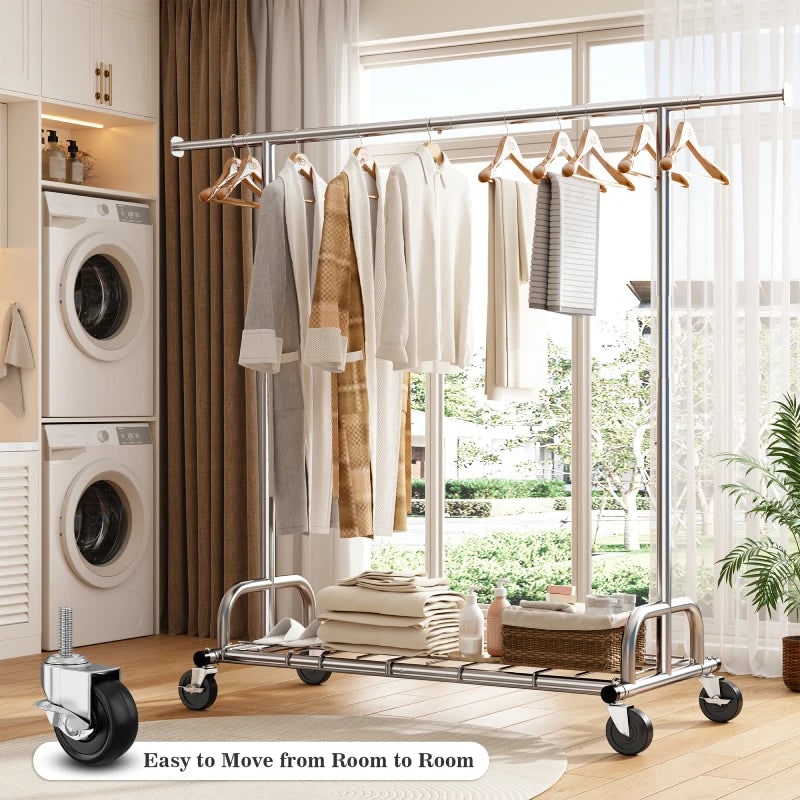 The rack extended to full width in a bright room by a window, holding coats and towels with folded items on the bottom shelf