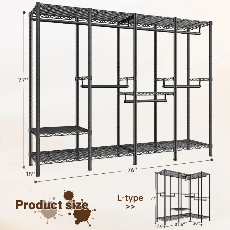 Dimension diagram: black clothes rack 76 in wide, 18 in deep and 77 in high, with the alternative L shaped layout shown alongside