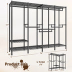 Dimension diagram: black clothes rack 76 in wide, 18 in deep and 77 in high, with the alternative L shaped layout shown alongside