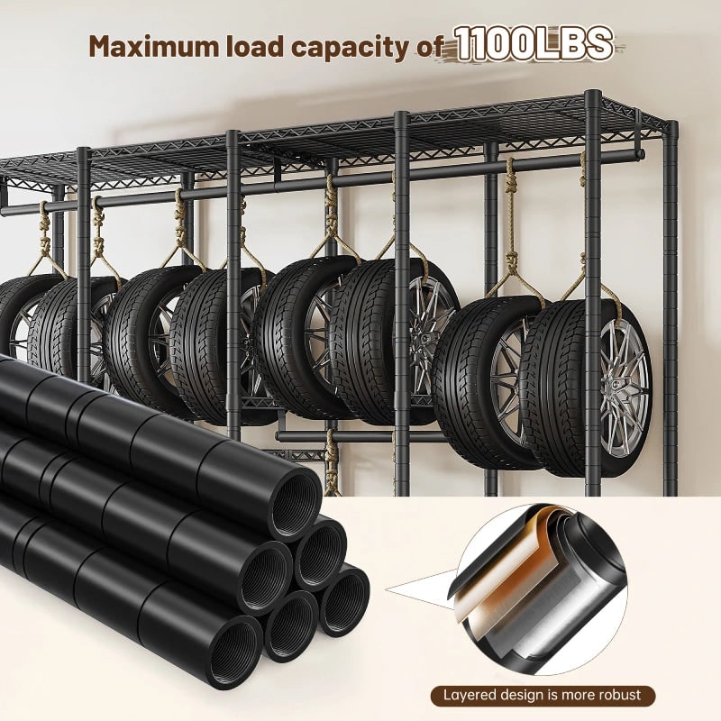 Detail graphic: black clothes rack listed at a maximum load capacity of 1100 lb, shown hung with car tyres and stacked steel tubes, with a layered pipe cross section inset