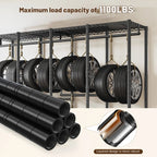 Detail graphic: black clothes rack listed at a maximum load capacity of 1100 lb, shown hung with car tyres and stacked steel tubes, with a layered pipe cross section inset