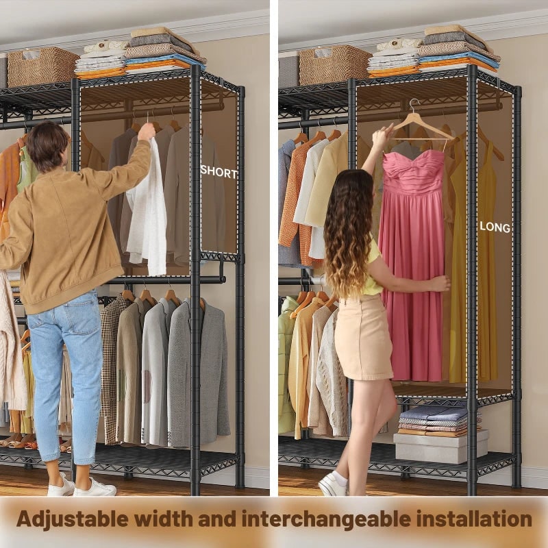 Detail graphic: the same clothes rack set up with a short hanging zone on one side and a long hanging zone on the other, showing adjustable width and interchangeable installation