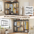 Detail graphic: the same black clothes rack shown built as one straight run and as an L shape around a corner