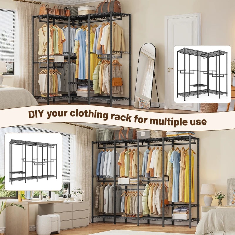 Detail graphic: the same black clothes rack shown built as one straight run and as an L shape around a corner