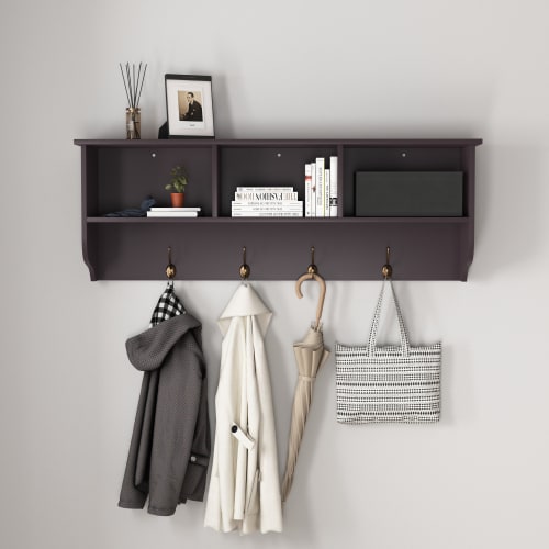 Wall mounted coat rack with shelf and 4 dual hooks, espresso, view 2